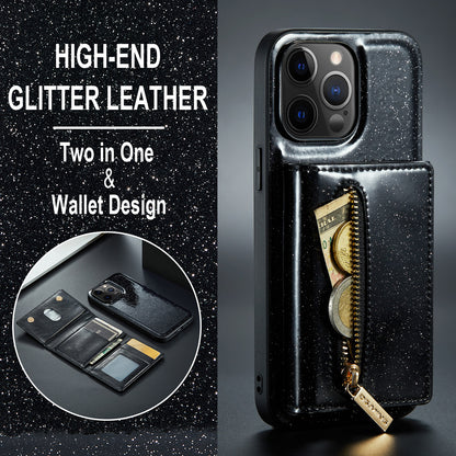 Glitter Leather 2-in-1 Wallet Zipper iPhone 12 Pro Case Detachable