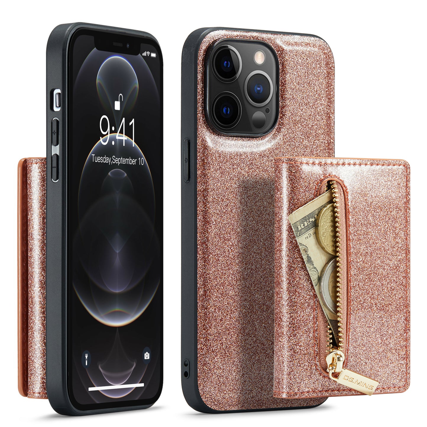 Glitter Leather 2-in-1 Wallet Zipper iPhone 12 Pro Case Detachable