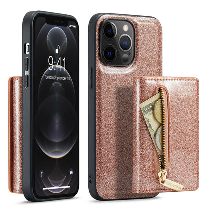 Glitter Leather 2-in-1 Wallet Zipper iPhone 12 Pro Case Detachable