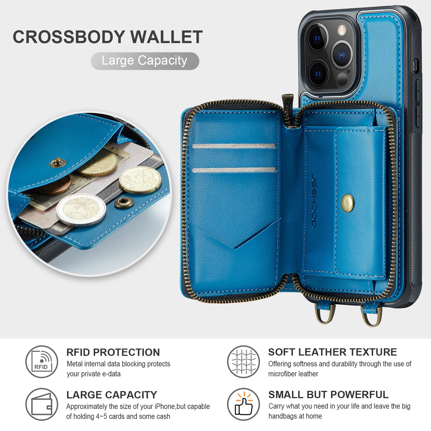 Zipper Card Holder iPhone 12 Pro Max Case with Shoulder Hand Strap