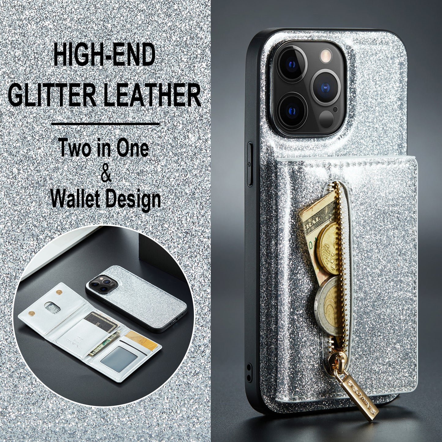 Glitter Leather 2-in-1 Wallet Zipper iPhone 12 Pro Max Case Detachable