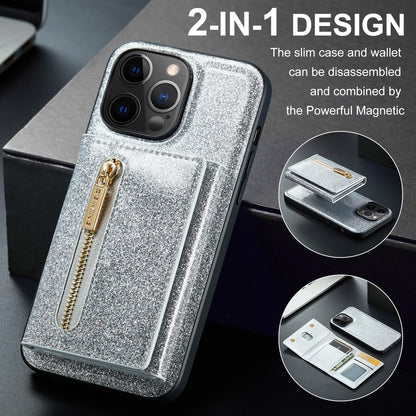 Glitter Leather 2-in-1 Wallet Zipper iPhone 12 Pro Max Case Detachable