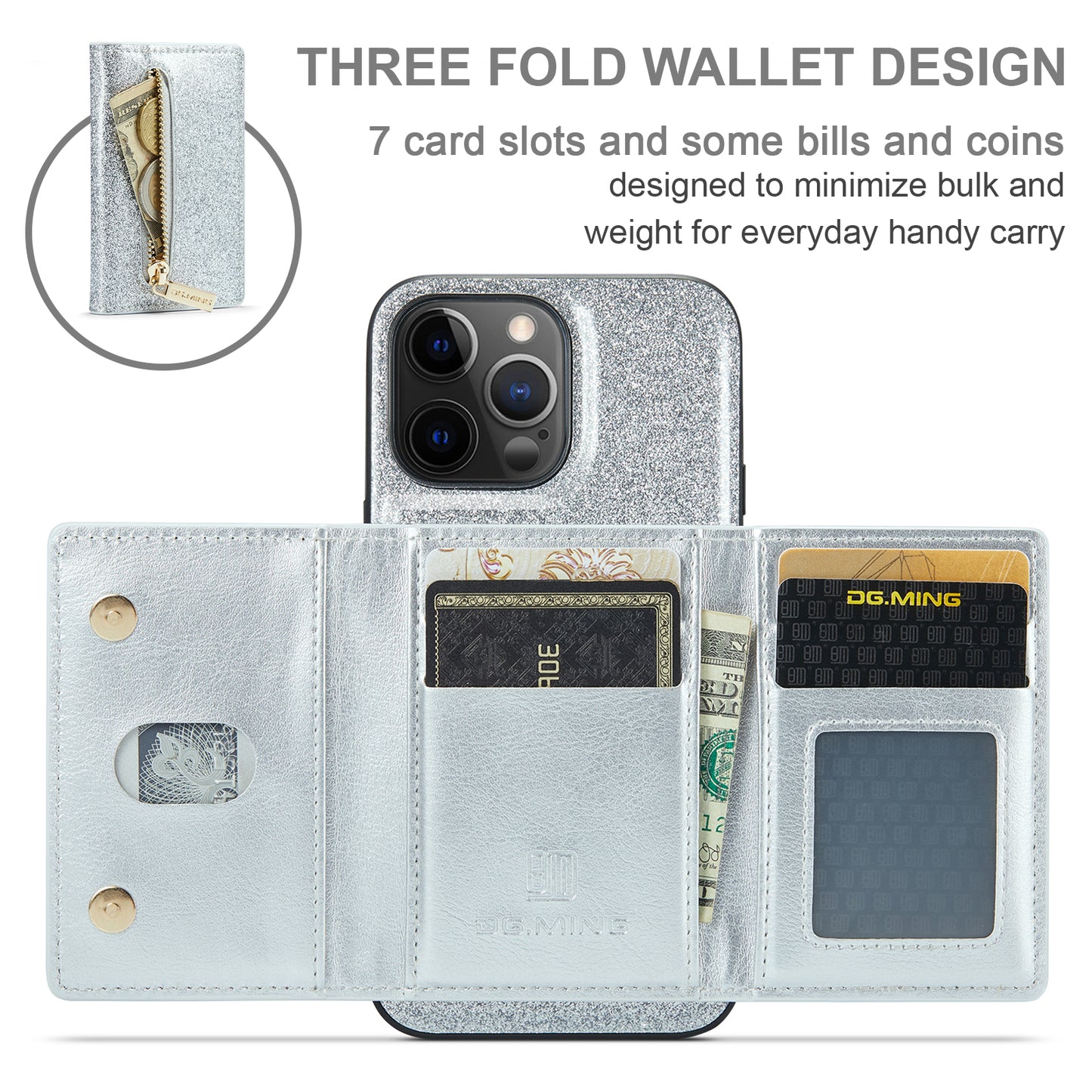 Glitter Leather 2-in-1 Wallet Zipper iPhone 12 Pro Max Case Detachable