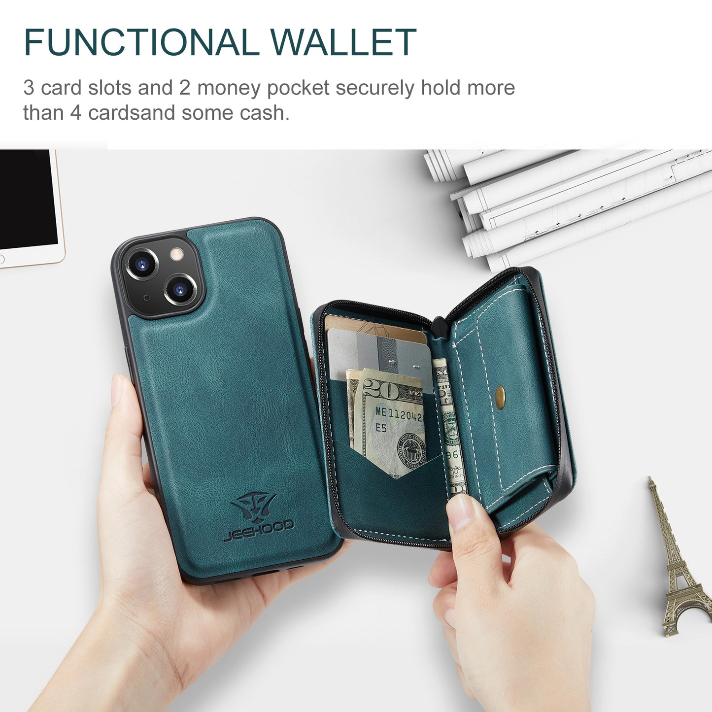 Magnetic Removable Zipper Wallet iPhone 13 Case Leather Back