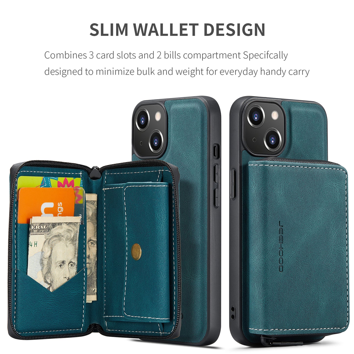 Magnetic Removable Zipper Wallet iPhone 13 Case Leather Back