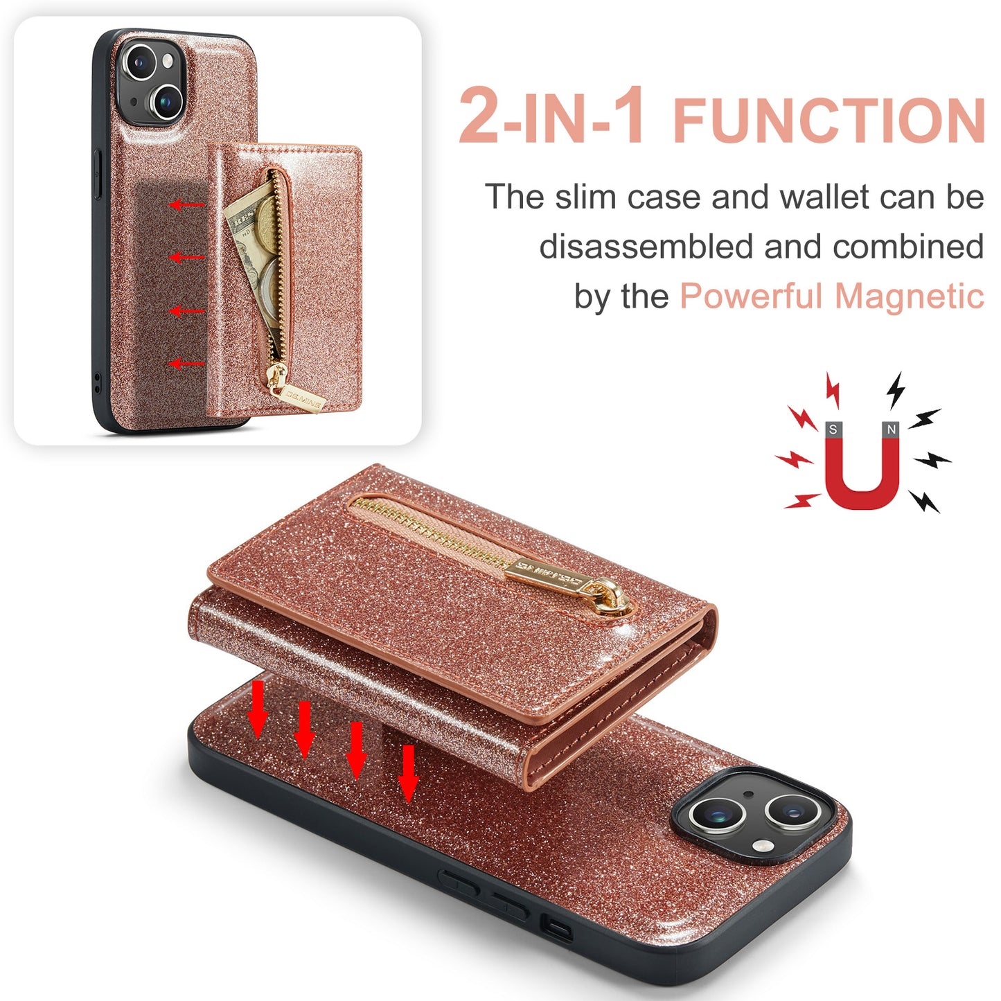 Glitter Leather 2-in-1 Wallet Zipper iPhone 13 Mini Case Detachable