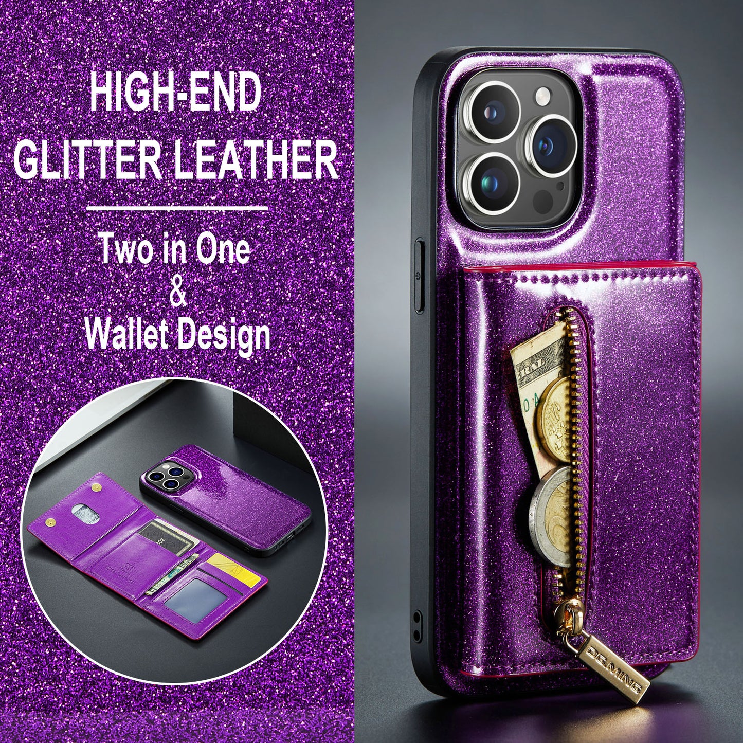 Glitter Leather 2-in-1 Wallet Zipper iPhone 13 Pro Case Detachable