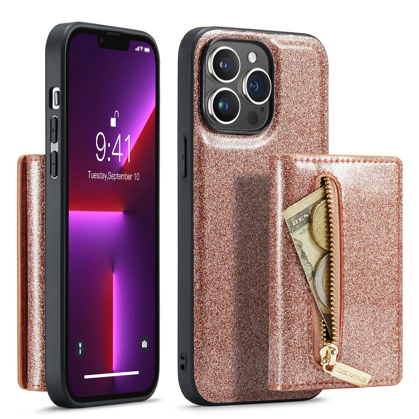 Glitter Leather 2-in-1 Wallet Zipper iPhone 13 Pro Case Detachable