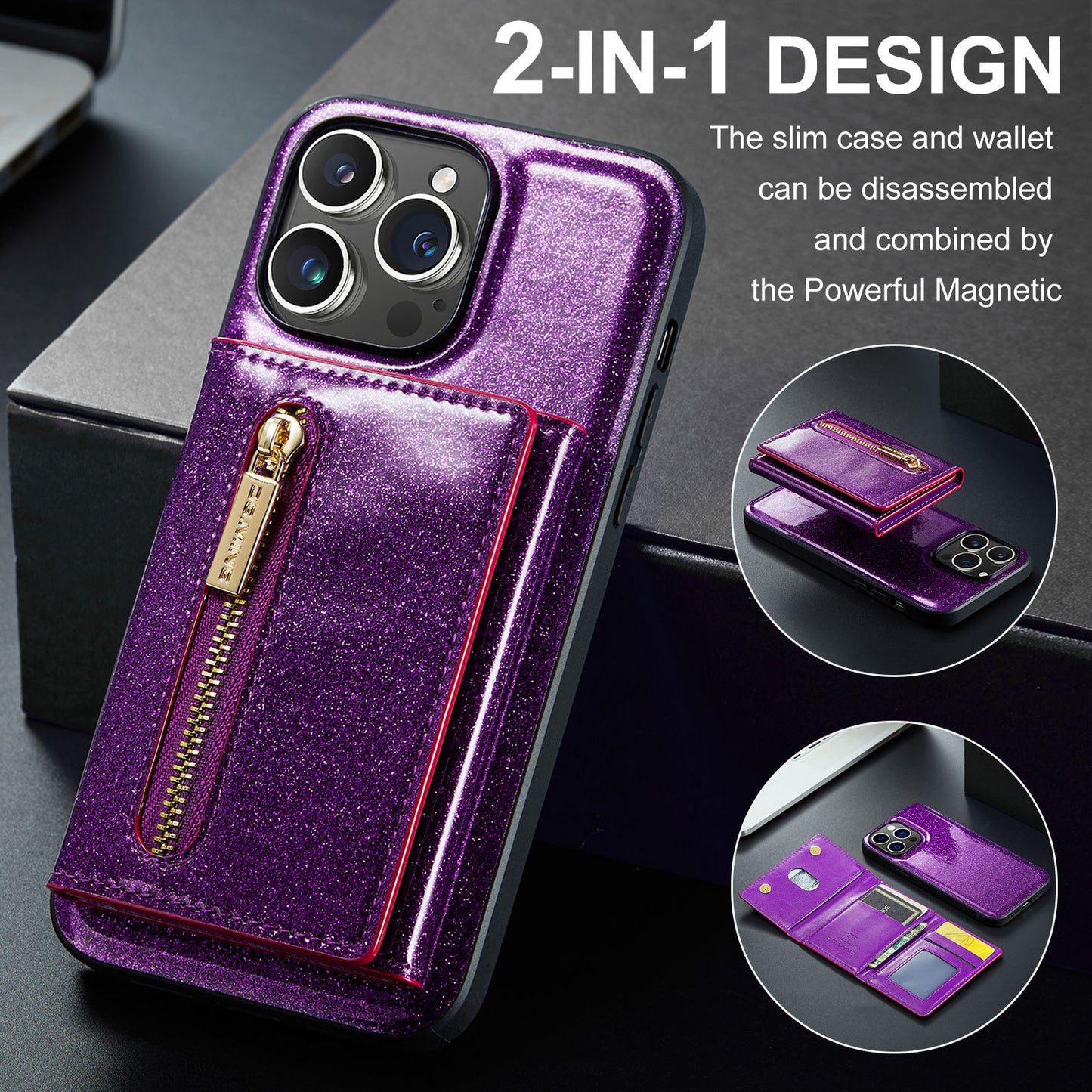 Glitter Leather 2-in-1 Wallet Zipper iPhone 13 Pro Case Detachable