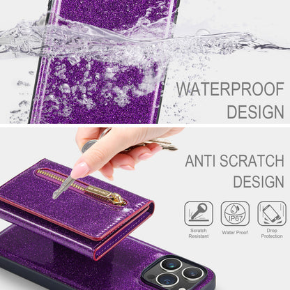 Glitter Leather 2-in-1 Wallet Zipper iPhone 13 Pro Case Detachable