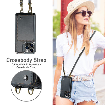 Zipper Card Holder iPhone 13 Pro Case with Shoulder Hand Strap