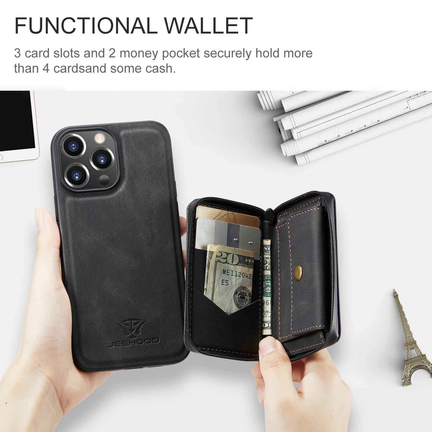 Magnetic Removable Zipper Wallet iPhone 13 Pro Case Leather Back