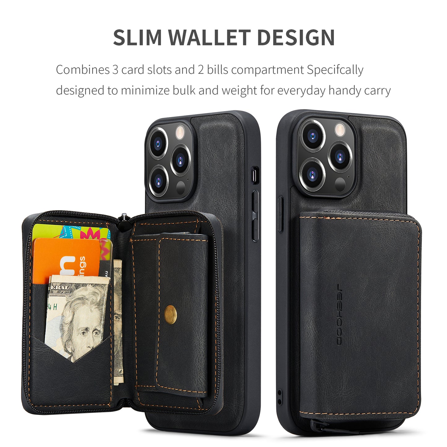 Magnetic Removable Zipper Wallet iPhone 13 Pro Case Leather Back