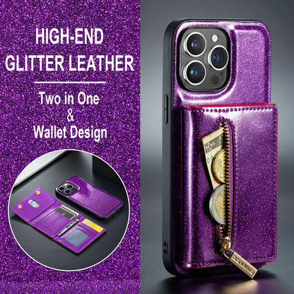 Glitter Leather 2-in-1 Wallet Zipper iPhone 13 Pro Max Case Detachable