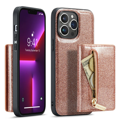 Glitter Leather 2-in-1 Wallet Zipper iPhone 13 Pro Max Case Detachable