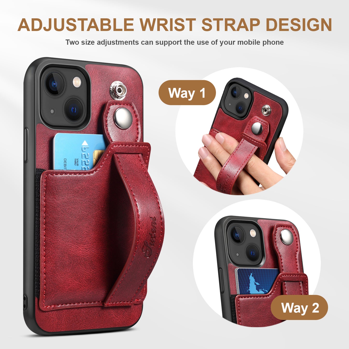 Vertical Card Holder iPhone 14 Plus Leather Case with Wristband