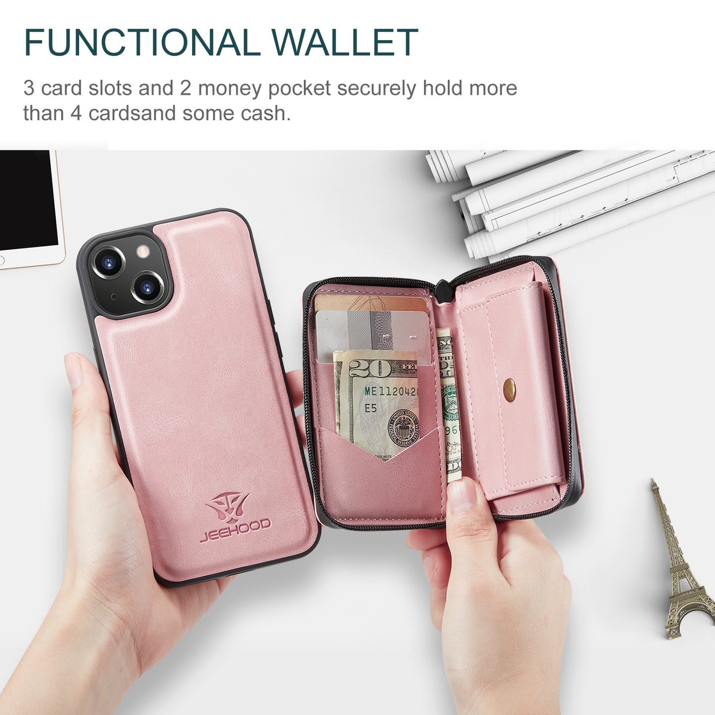 Magnetic Removable Zipper Wallet iPhone 14 Plus Case Leather Back