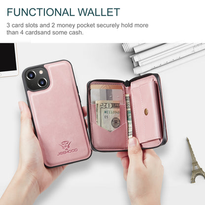 Magnetic Removable Zipper Wallet iPhone 14 Plus Case Leather Back