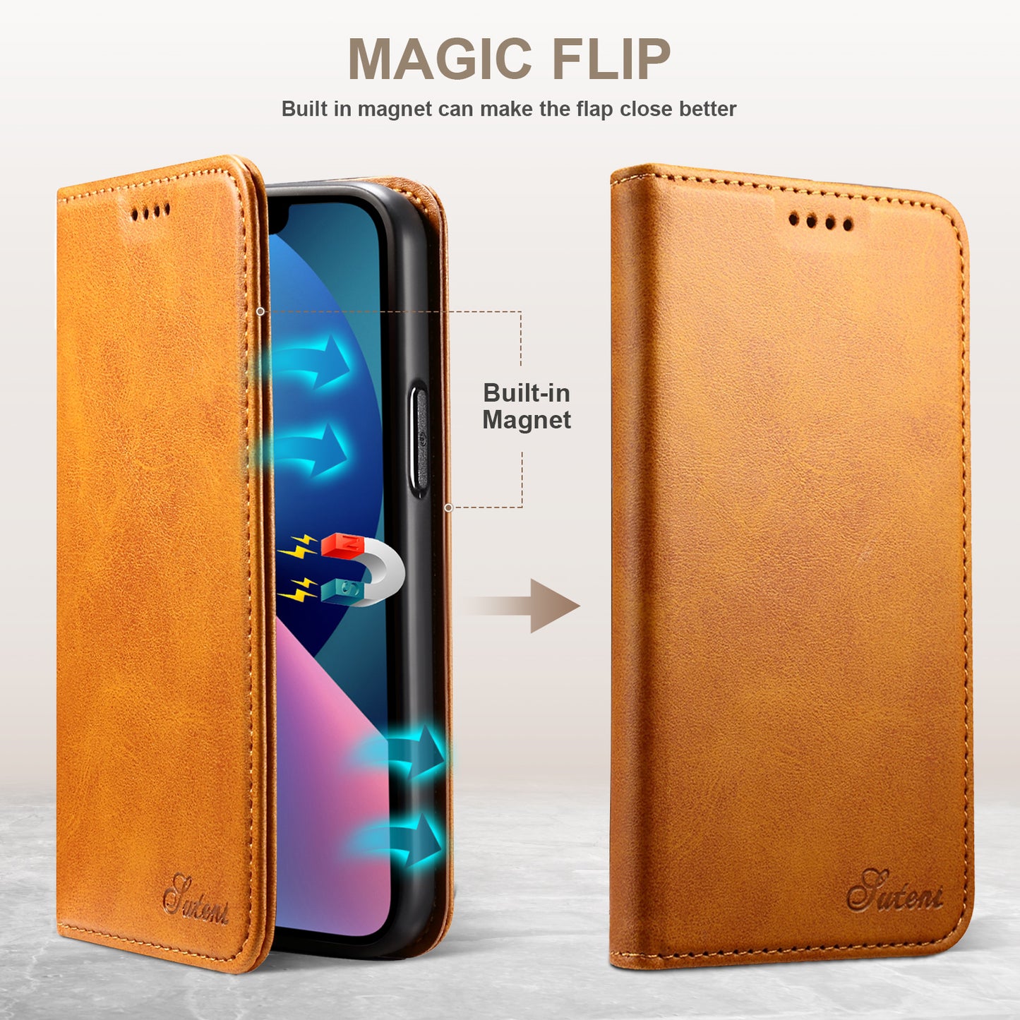 Calfskin Simple Wallet iPhone 14 Plus Case RFID Magnetic