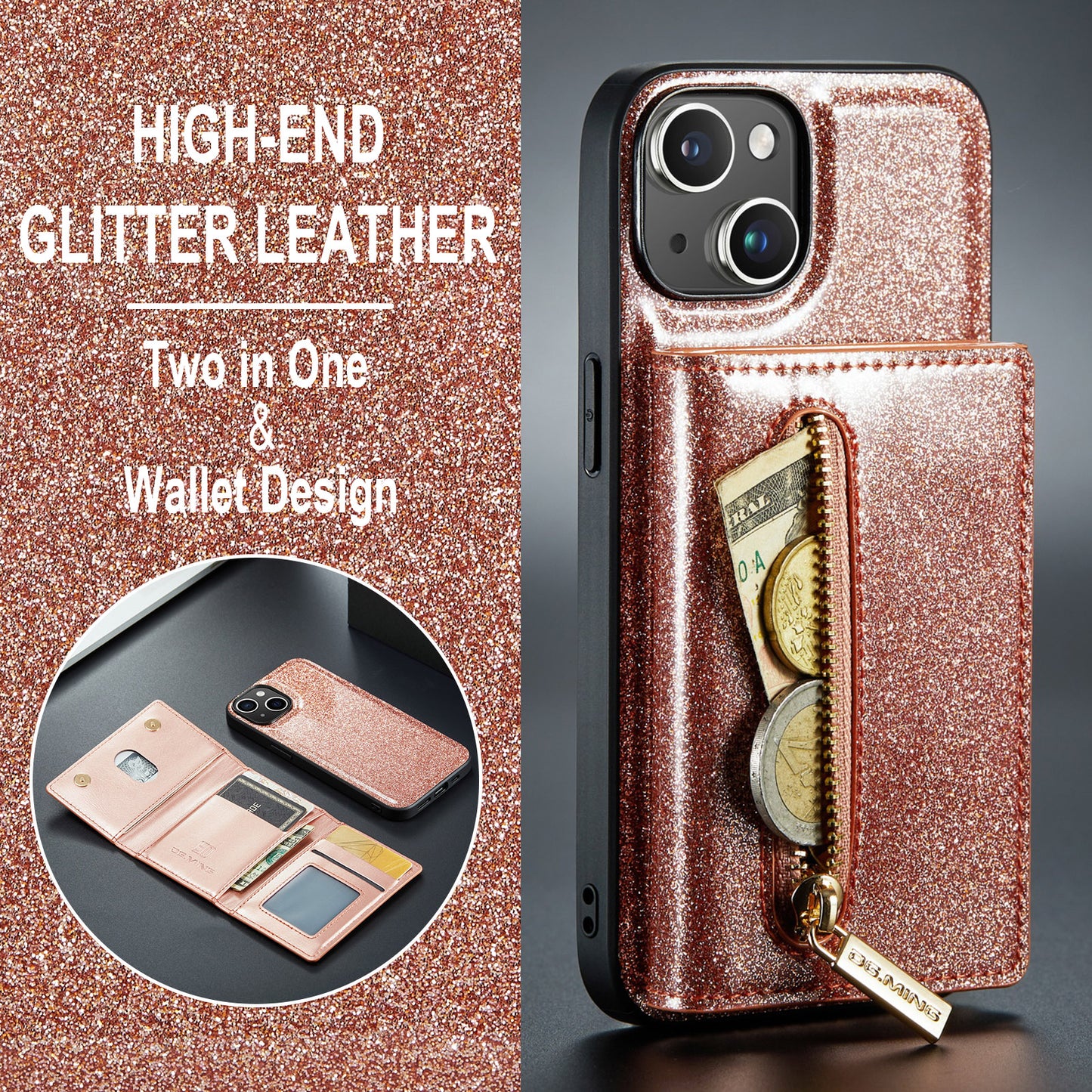 Glitter Leather 2-in-1 Wallet Zipper iPhone 14 Case Detachable