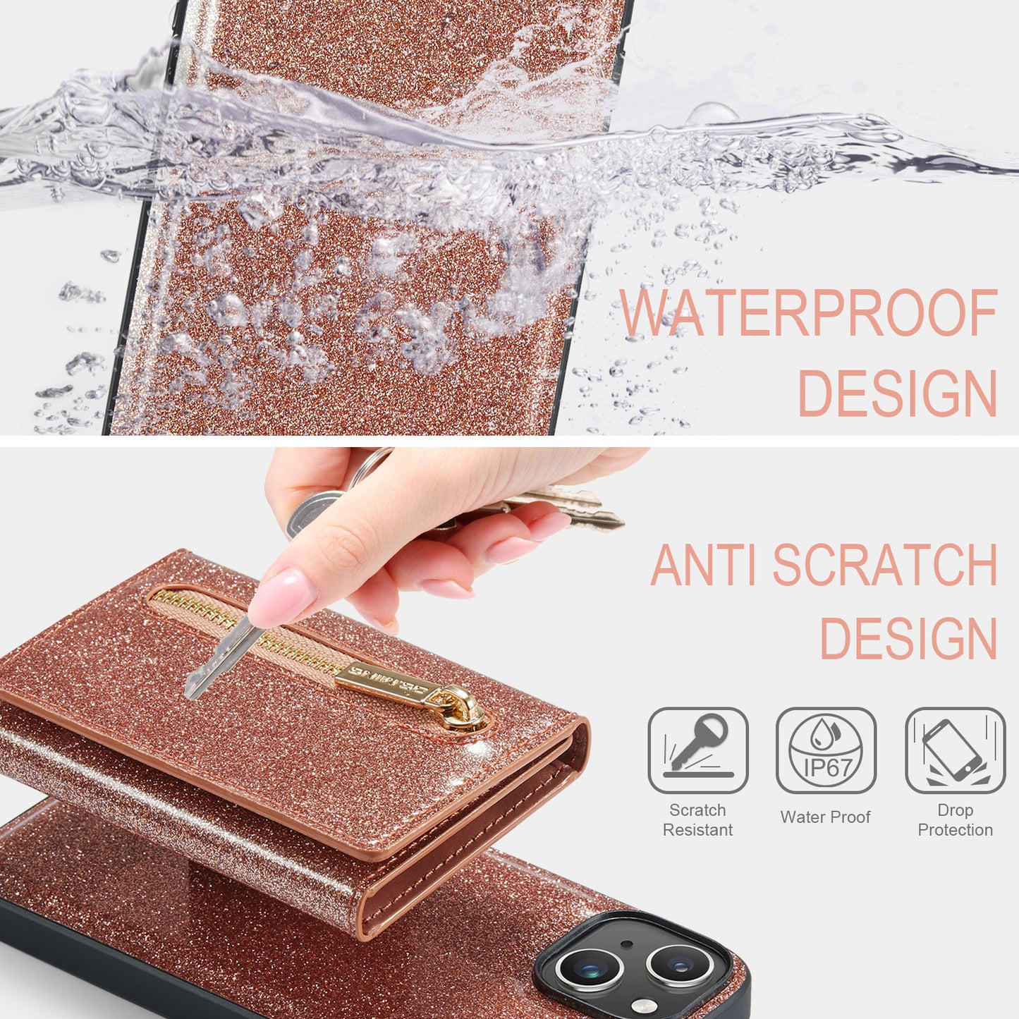 Glitter Leather 2-in-1 Wallet Zipper iPhone 14 Pro Case Detachable