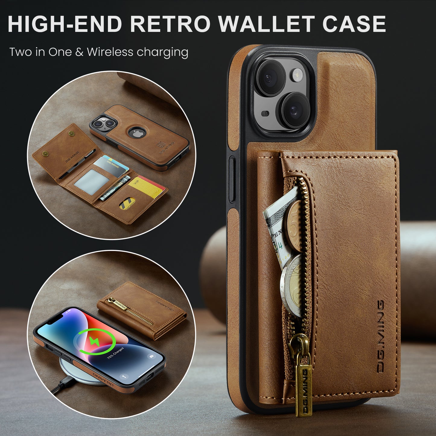 Wallet Detachable Tri-fold Leather iPhone 14 Case Muilti Card Slots