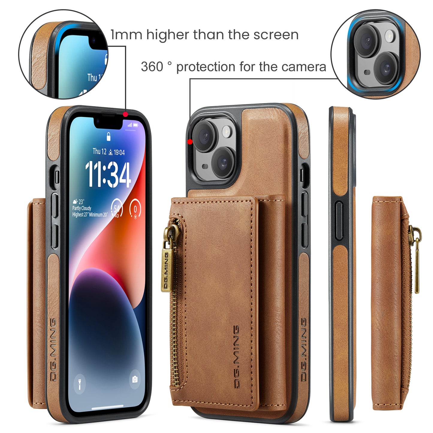 Wallet Detachable Tri-fold Leather iPhone 14 Case Muilti Card Slots