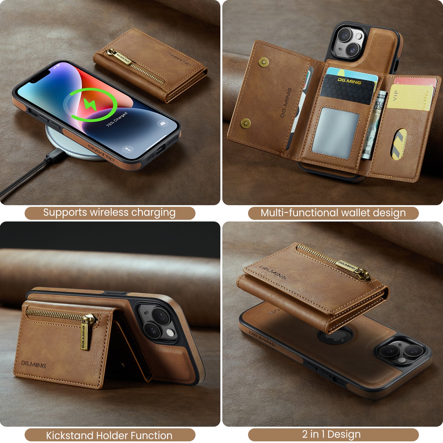 Wallet Detachable Tri-fold Leather iPhone 14 Case Muilti Card Slots