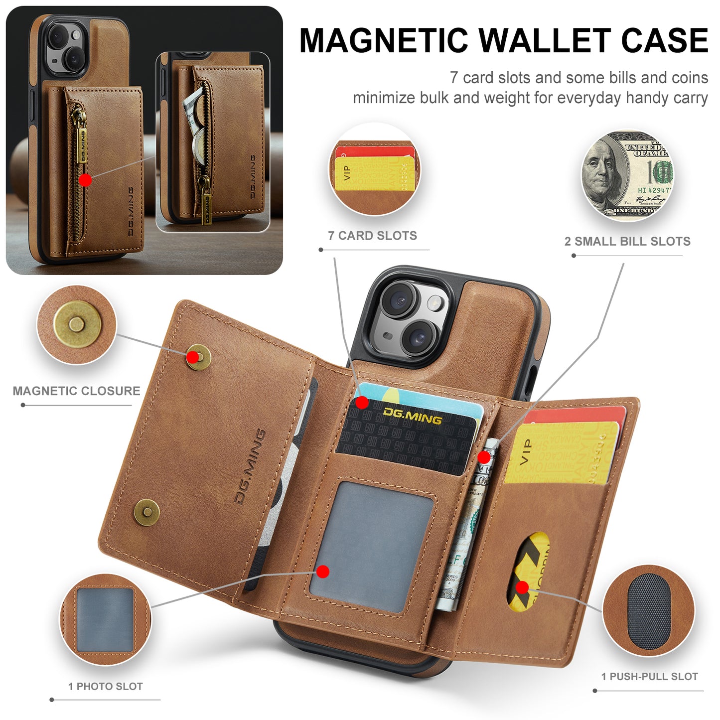 Wallet Detachable Tri-fold Leather iPhone 14 Case Muilti Card Slots