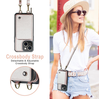 Zipper Card Holder iPhone 14 Case with Shoulder Hand Strap