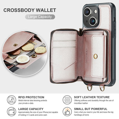 Zipper Card Holder iPhone 14 Case with Shoulder Hand Strap