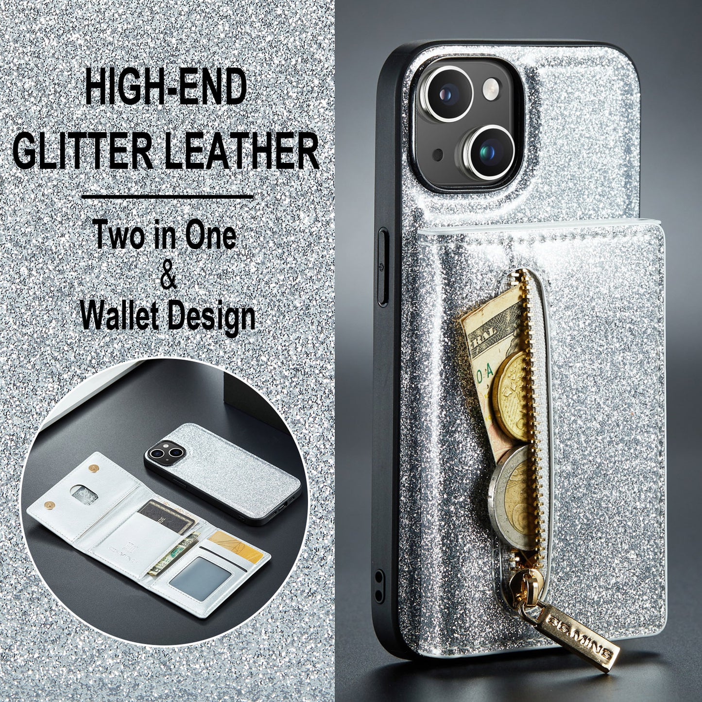 Glitter Leather 2-in-1 Wallet Zipper iPhone 14 Plus Case Detachable