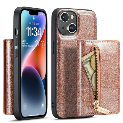 Glitter Leather 2-in-1 Wallet Zipper iPhone 14 Plus Case Detachable