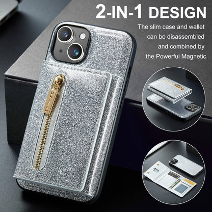 Glitter Leather 2-in-1 Wallet Zipper iPhone 14 Plus Case Detachable