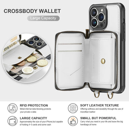 Zipper Card Holder iPhone 14 Pro Max Case with Shoulder Hand Strap