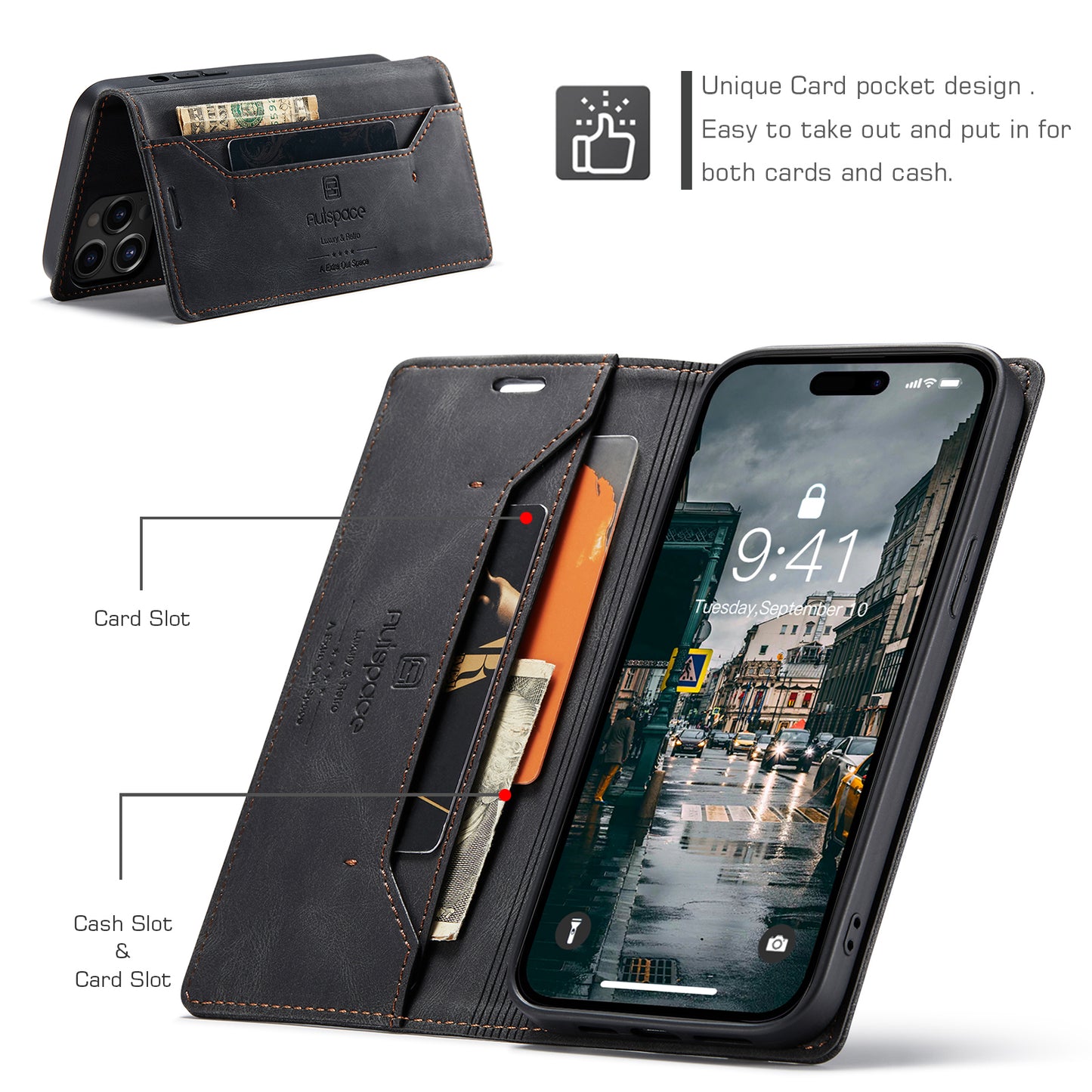 Luxury Retro Leather iPhone 14 Pro Case Magnetic Buckle RFID