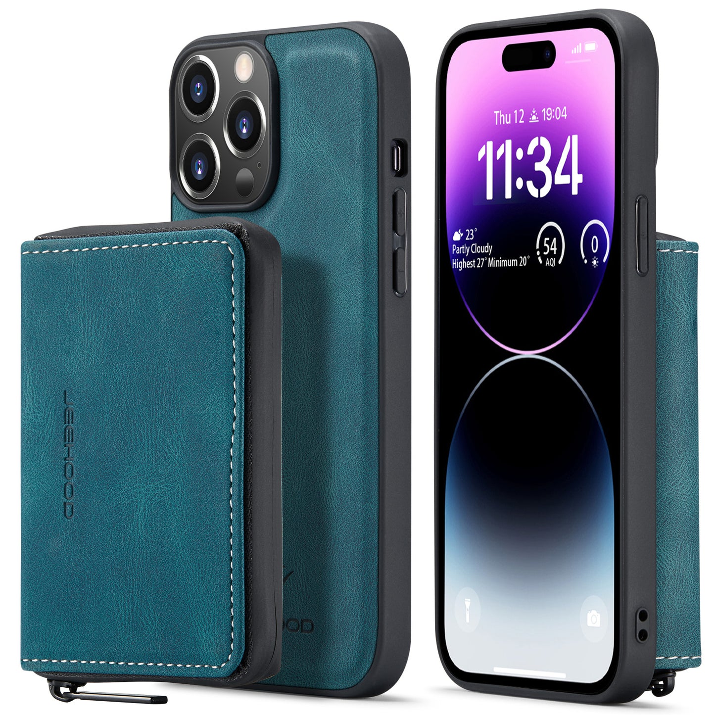 Magnetic Removable Zipper Wallet iPhone 14 Pro Case Leather Back