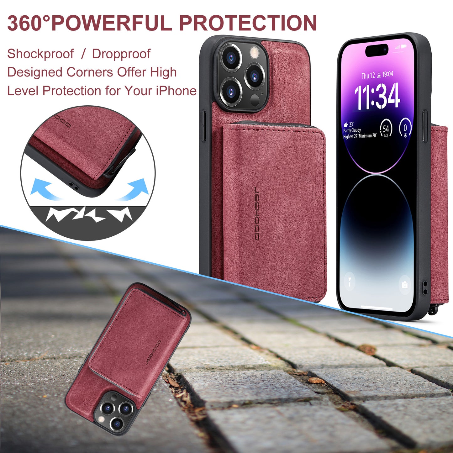 Magnetic Removable Zipper Wallet iPhone 14 Pro Case Leather Back