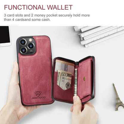 Magnetic Removable Zipper Wallet iPhone 14 Pro Case Leather Back