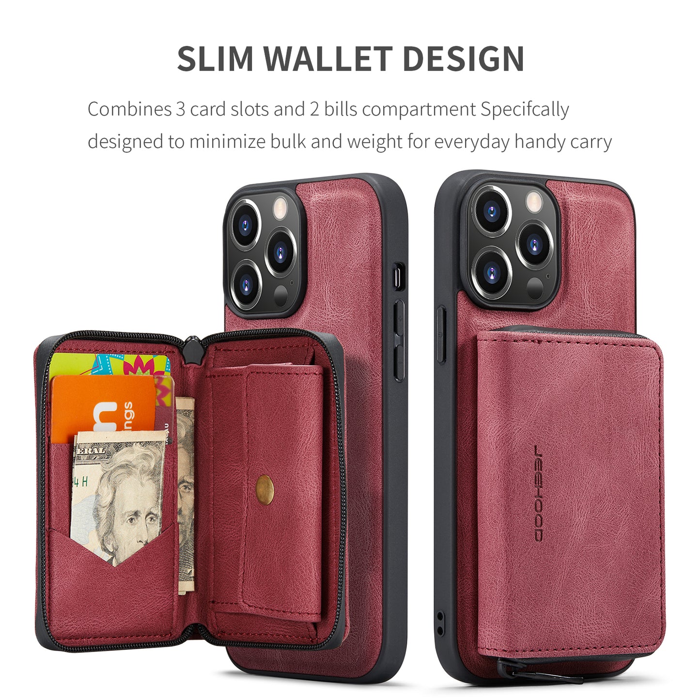 Magnetic Removable Zipper Wallet iPhone 14 Pro Case Leather Back