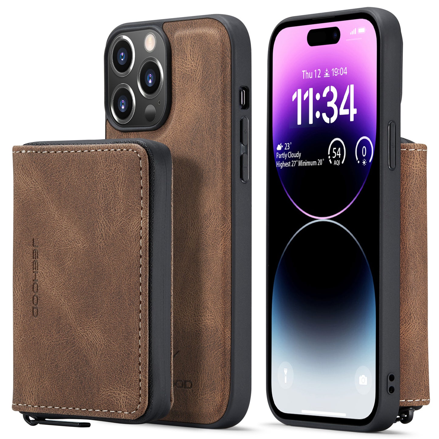 Magnetic Removable Zipper Wallet iPhone 14 Pro Case Leather Back