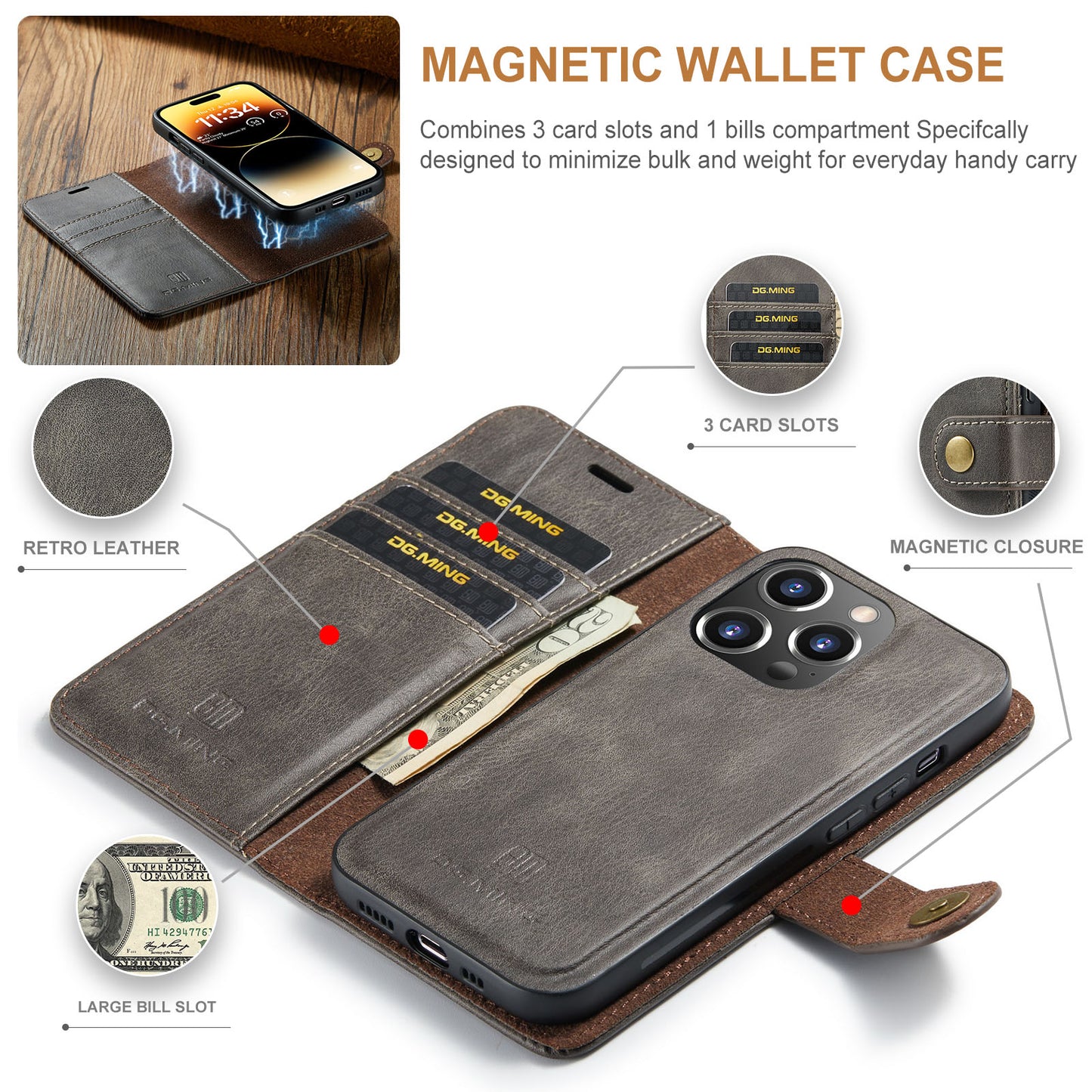 Wallet Detachable 2 In 1 Buckle iPhone 14 Pro Max Case Magnetic