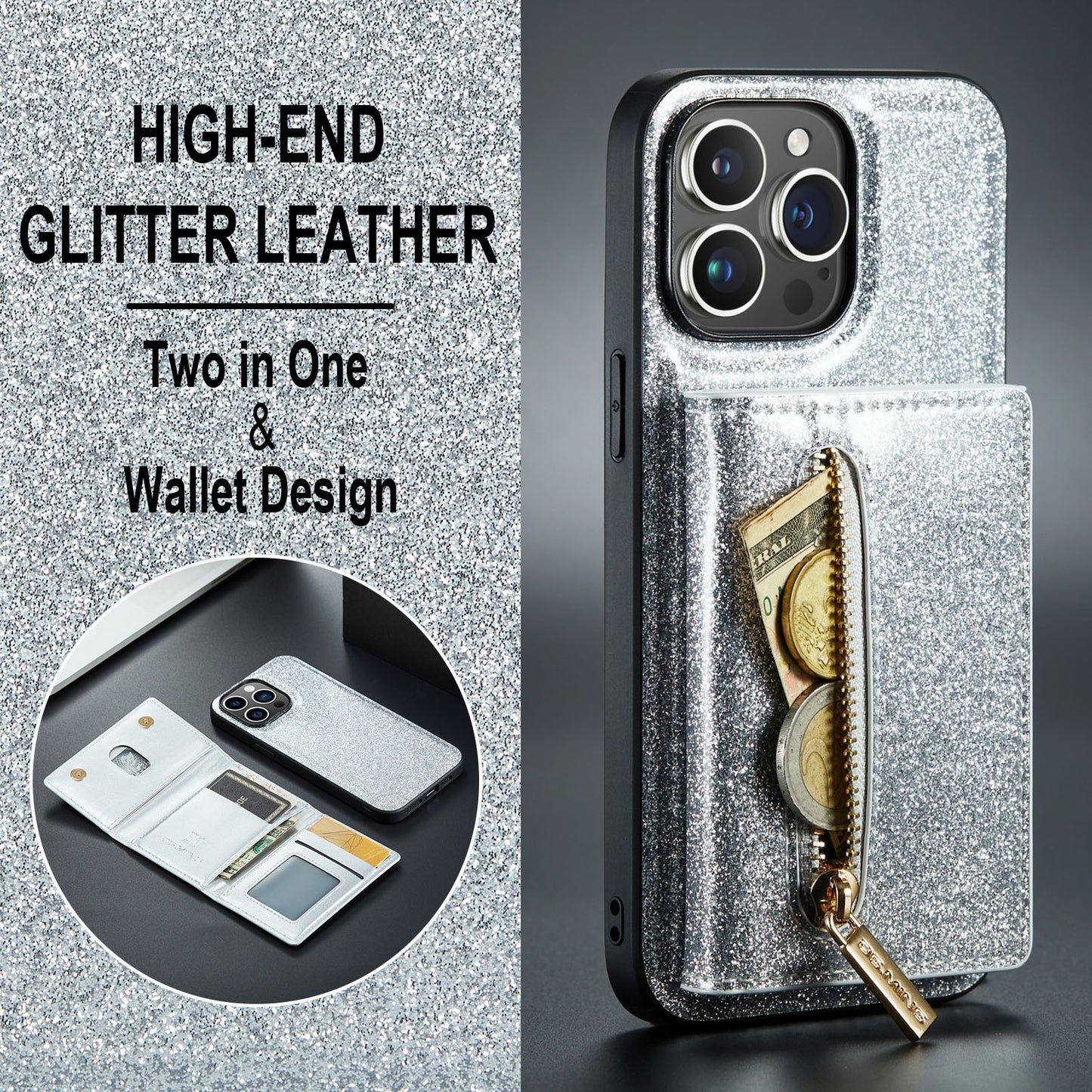 Glitter Leather 2-in-1 Wallet Zipper iPhone 14 Pro Max Case Detachable