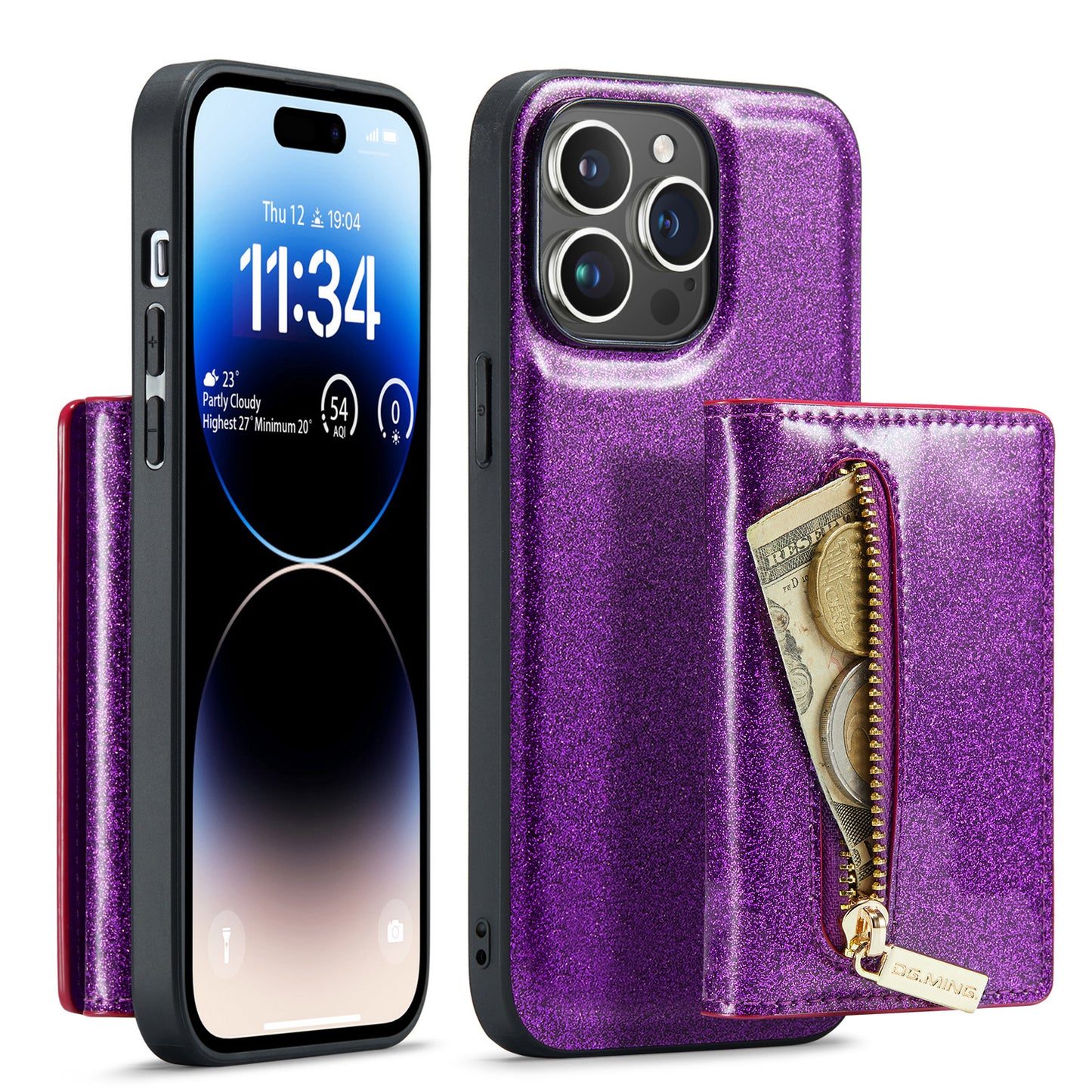 Glitter Leather 2-in-1 Wallet Zipper iPhone 14 Pro Max Case Detachable