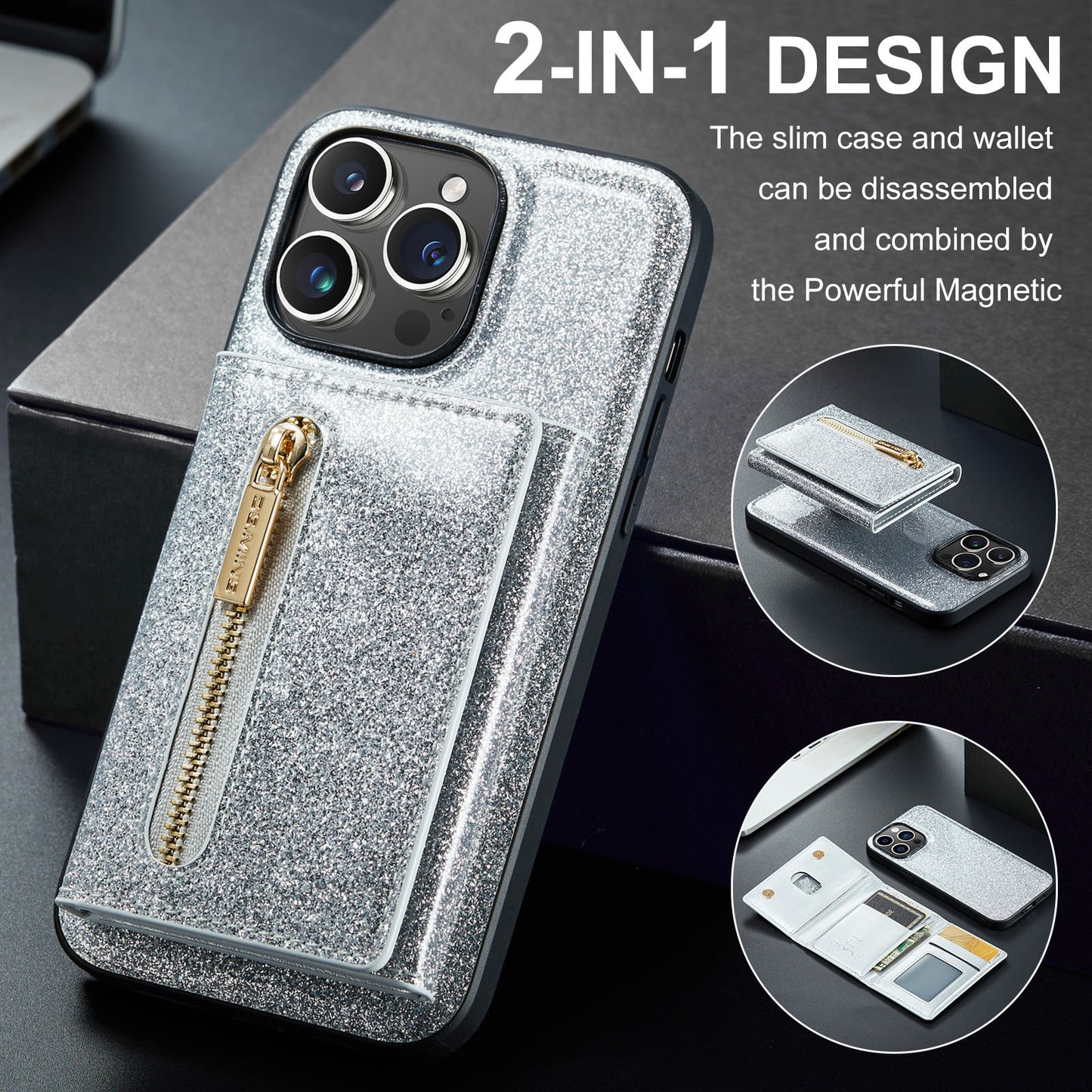 Glitter Leather 2-in-1 Wallet Zipper iPhone 14 Pro Max Case Detachable