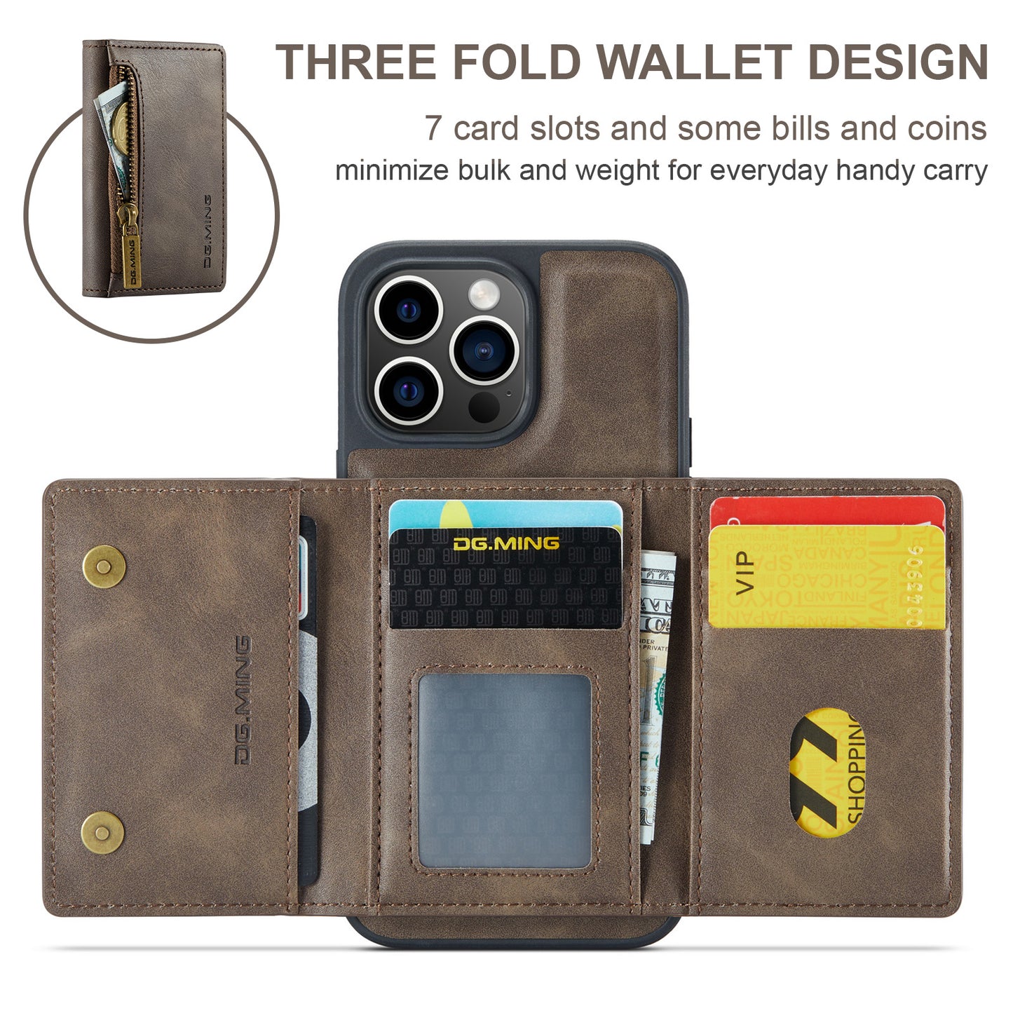 Wallet Detachable Tri-fold iPhone 14 Pro Case Muilti Card Slots