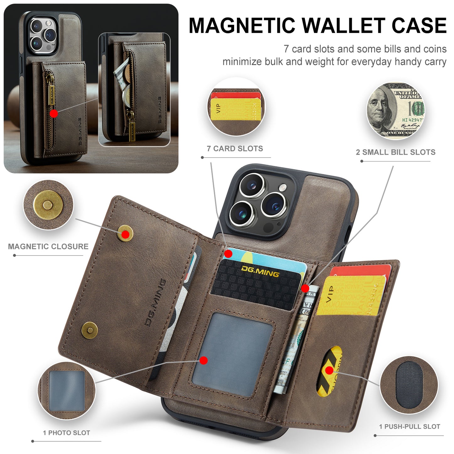 Wallet Detachable Tri-fold iPhone 14 Pro Case Muilti Card Slots