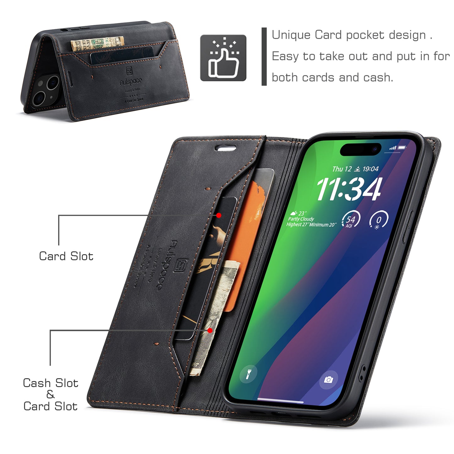 Luxury Retro Leather iPhone 15 Plus Case Magnetic Buckle RFID