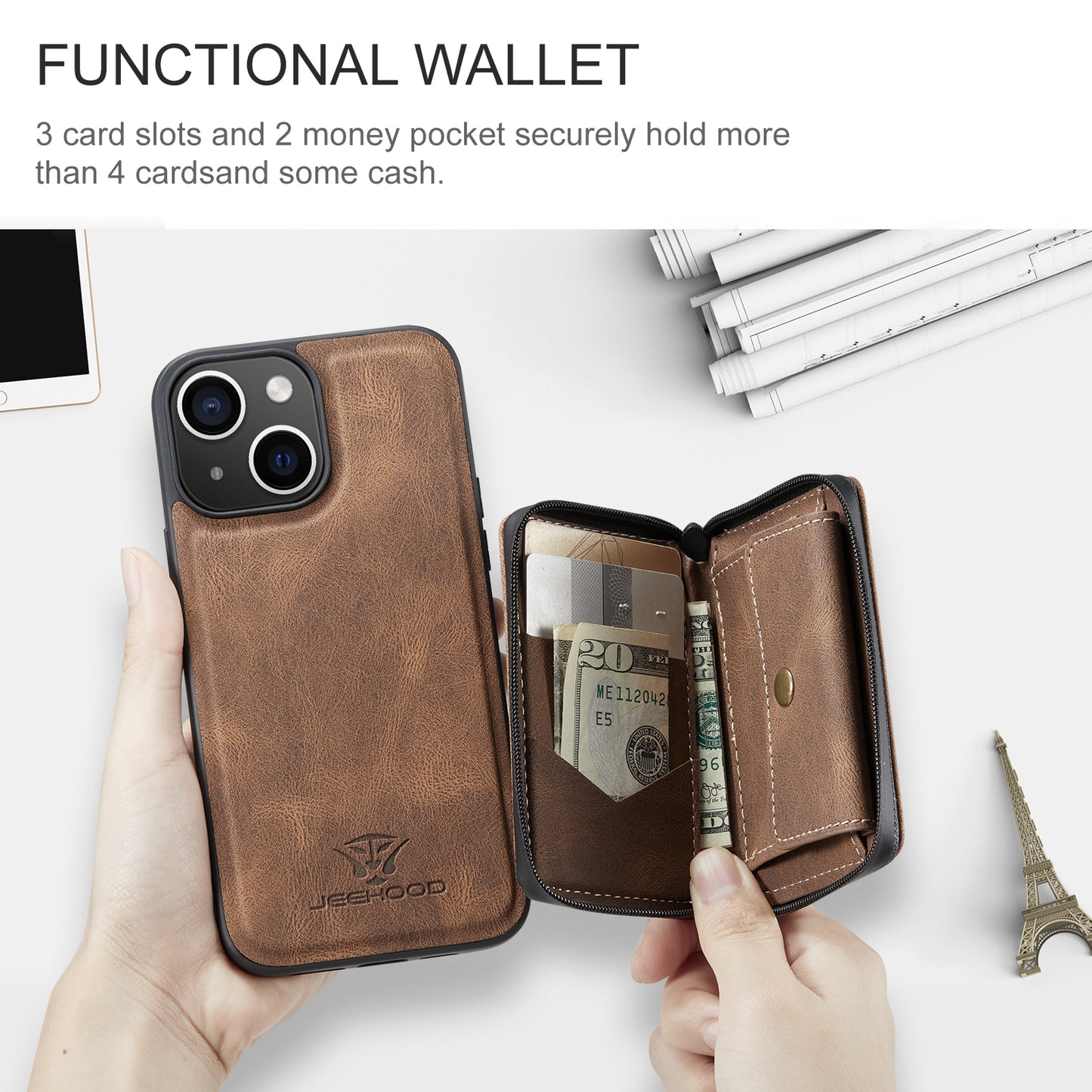 Magnetic Removable Zipper Wallet iPhone 16 Plus Case Leather Back