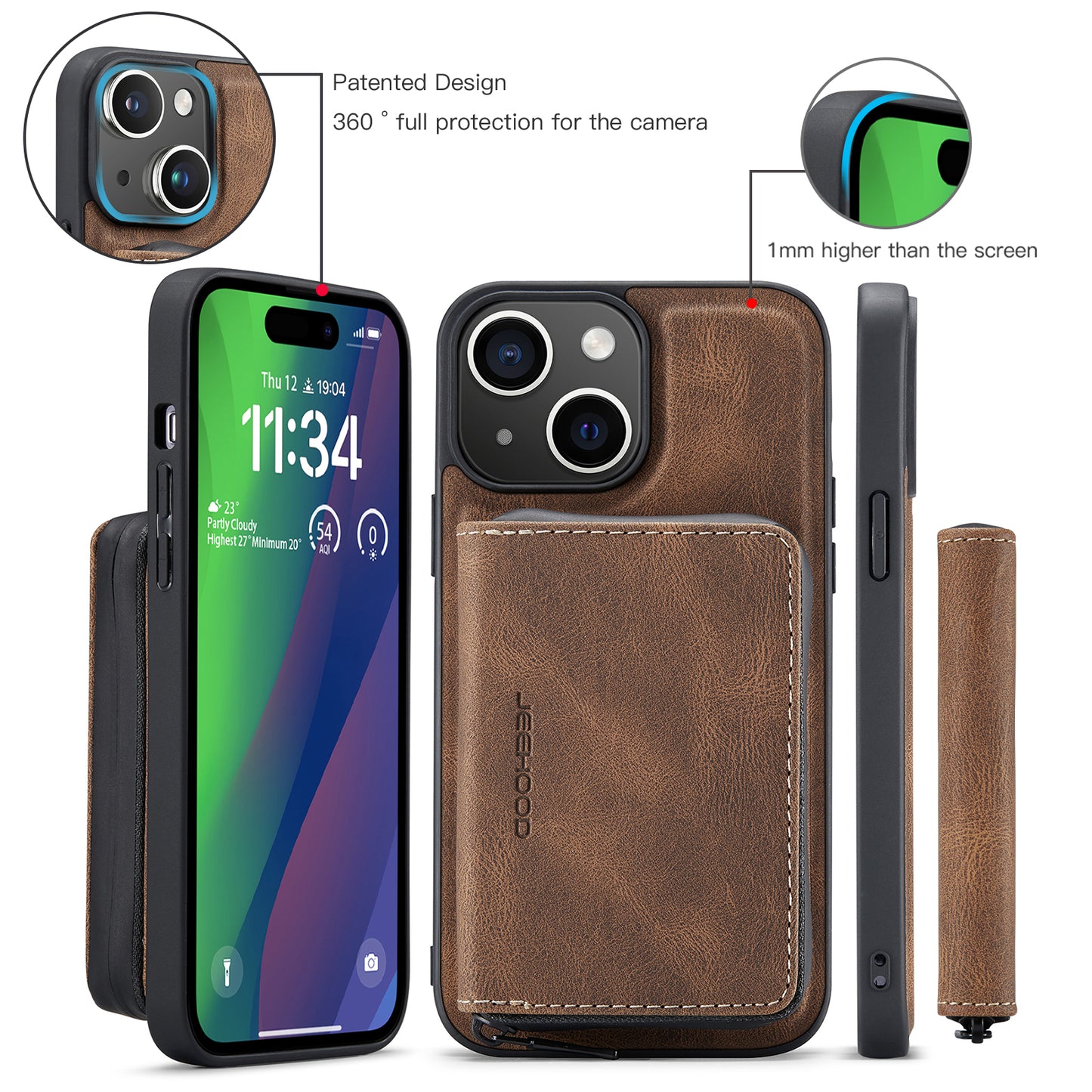 Magnetic Removable Zipper Wallet iPhone 16 Plus Case Leather Back